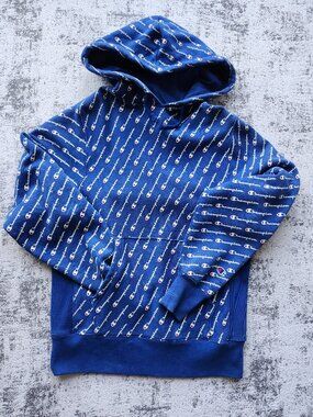 Vtg 90's Champion All Over Print Reverse Weave Blue Hoodie Hooded Sweatshirt